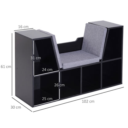 Contemporary Design 2-in-1 Bookshelf Bench with 6 Compartments and 3 Cushions 102L x 30W x 61H cm Black Gray