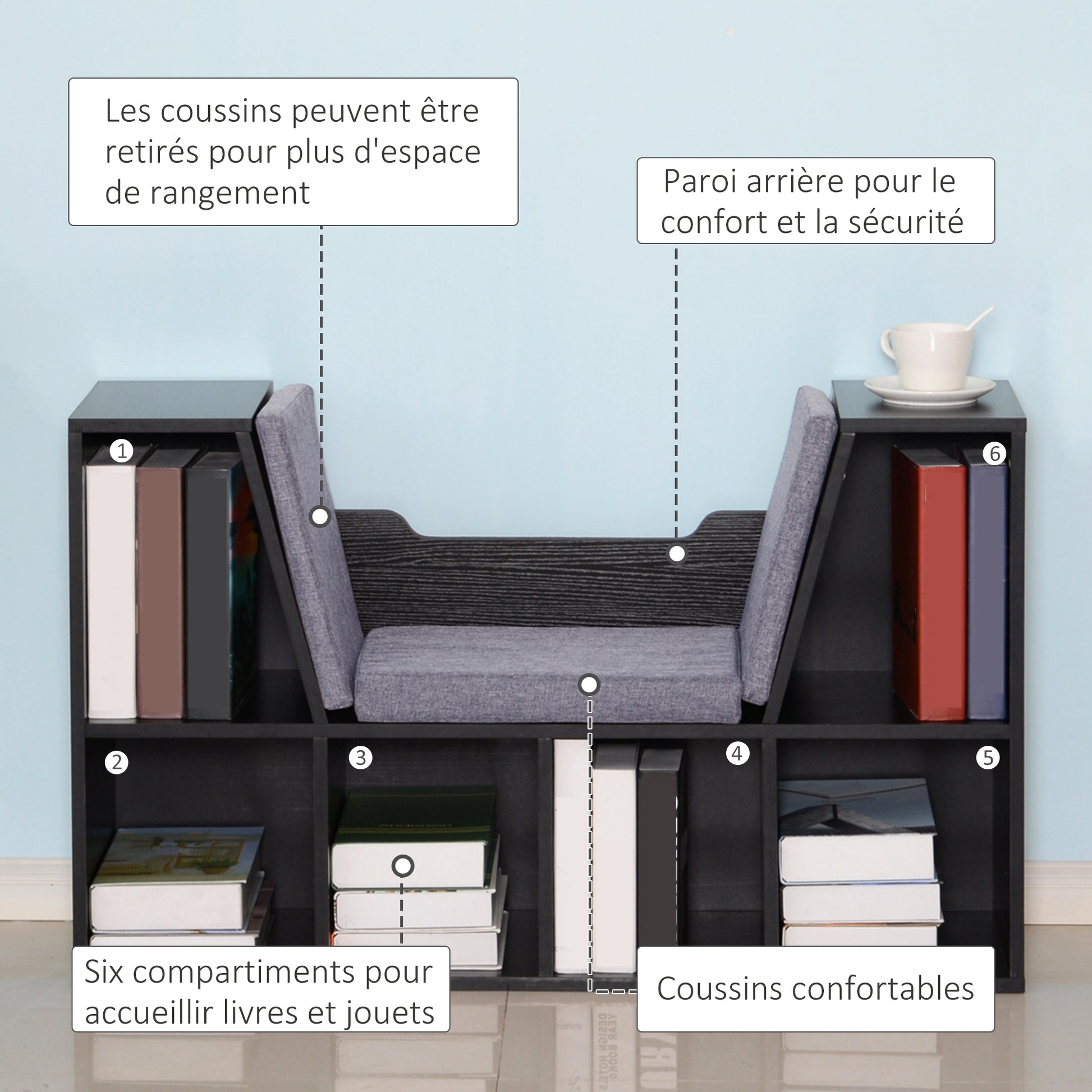 Contemporary Design 2-in-1 Bookshelf Bench with 6 Compartments and 3 Cushions 102L x 30W x 61H cm Black Gray