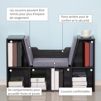 Contemporary Design 2-in-1 Bookshelf Bench with 6 Compartments and 3 Cushions 102L x 30W x 61H cm Black Gray