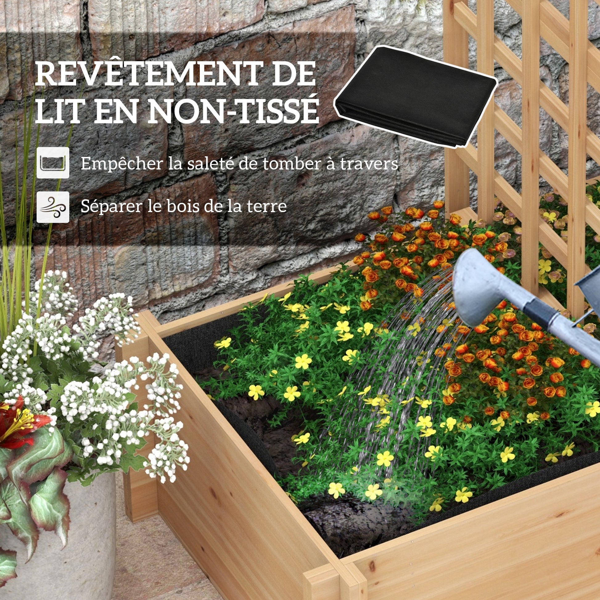 Planter with Trellis, Flower Box with Liner, Raised Wooden Planter for Climbing Plants, Vegetables - 100 x 60 x 150 cm Natural