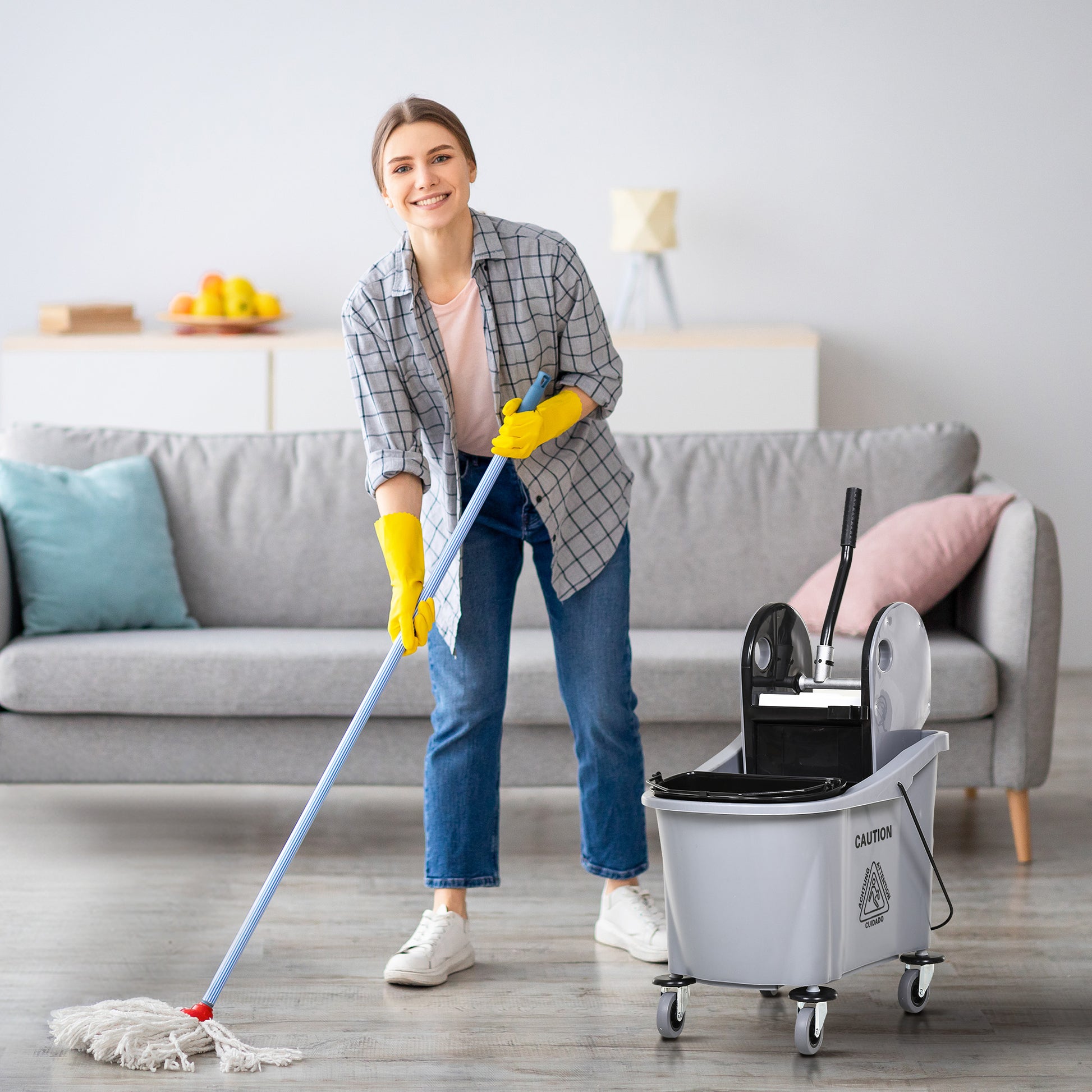 Cleaning Cart 36 Liter Bucket Mop Bucket Mop Cart with Wringer, Gray, 54 x 41 x 91.5 cm