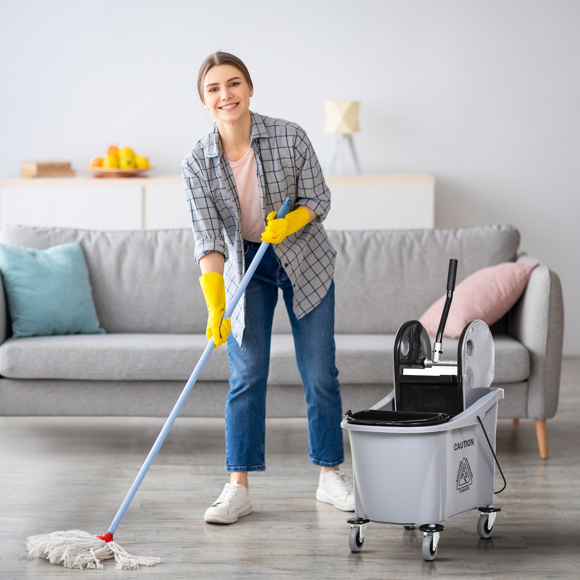 Cleaning Cart 36 Liter Bucket Mop Bucket Mop Cart with Wringer, Gray, 54 x 41 x 91.5 cm