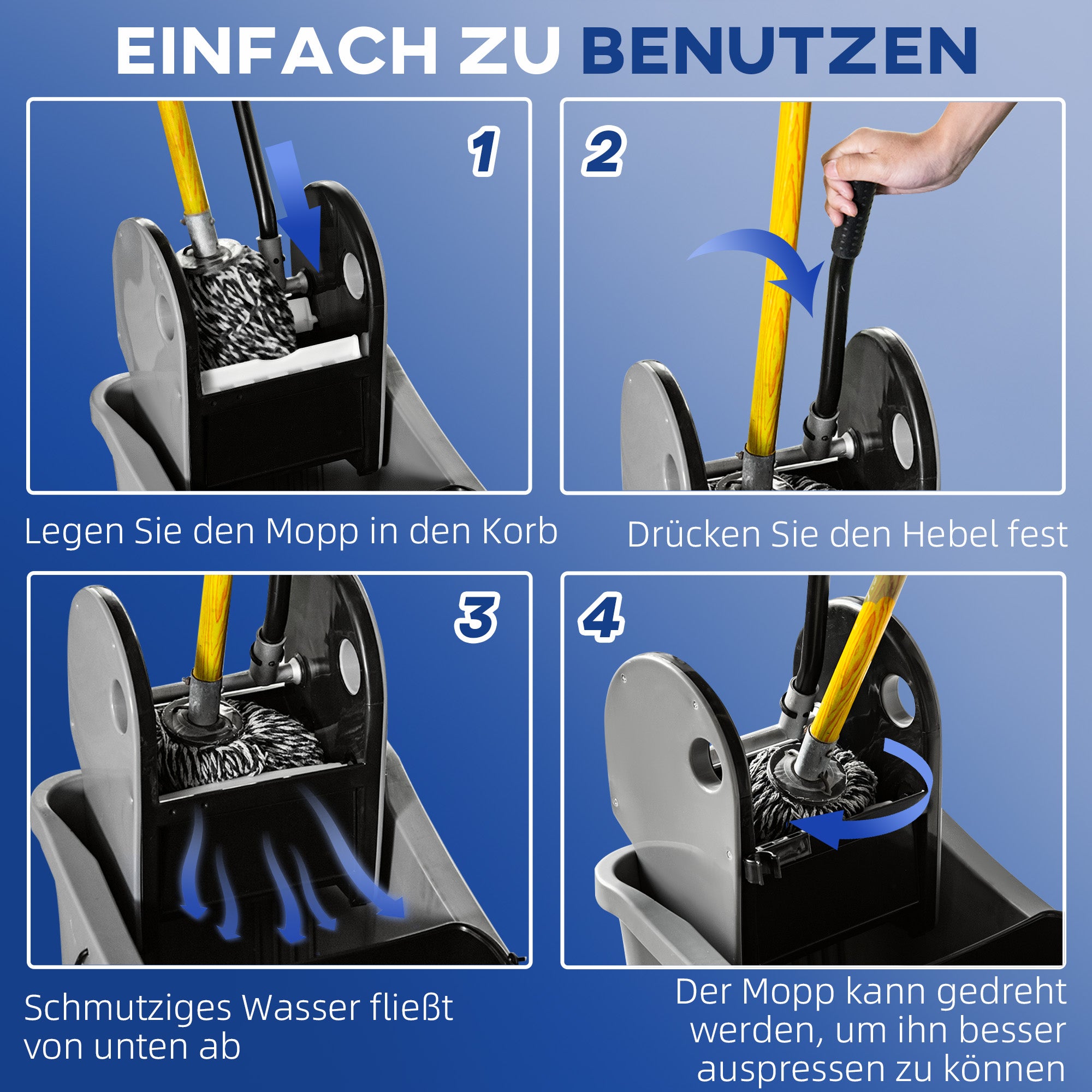 Cleaning Cart 36 Liter Bucket Mop Bucket Mop Cart with Wringer, Gray, 54 x 41 x 91.5 cm