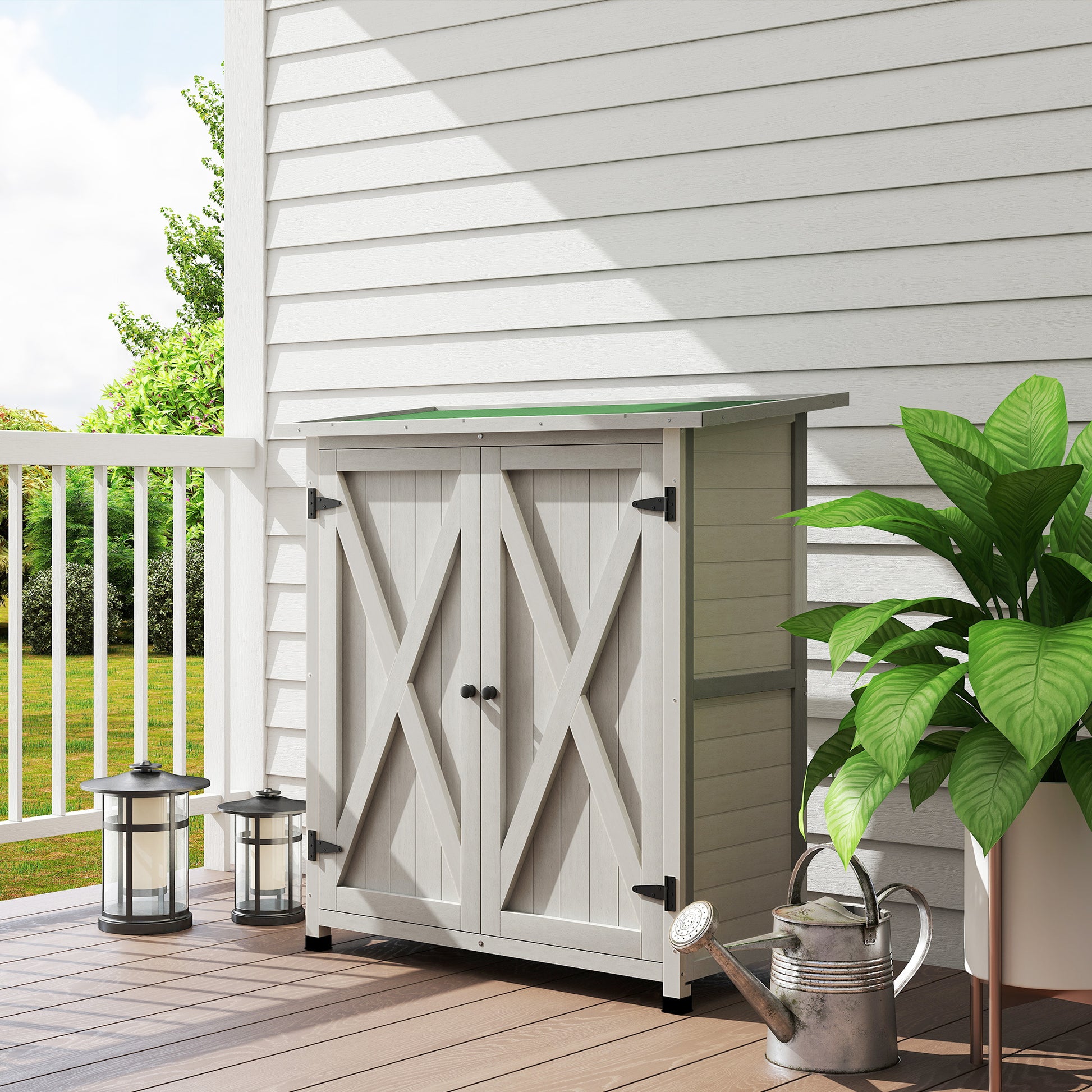Wooden Garden Cabinet, Weatherproof Tool Shed 110 x 55 x 117 cm, Garden House with Door, Pent Roof, Shelves, Tool Cabinet, Garden Tool Shed for Garden Terrace Light grey