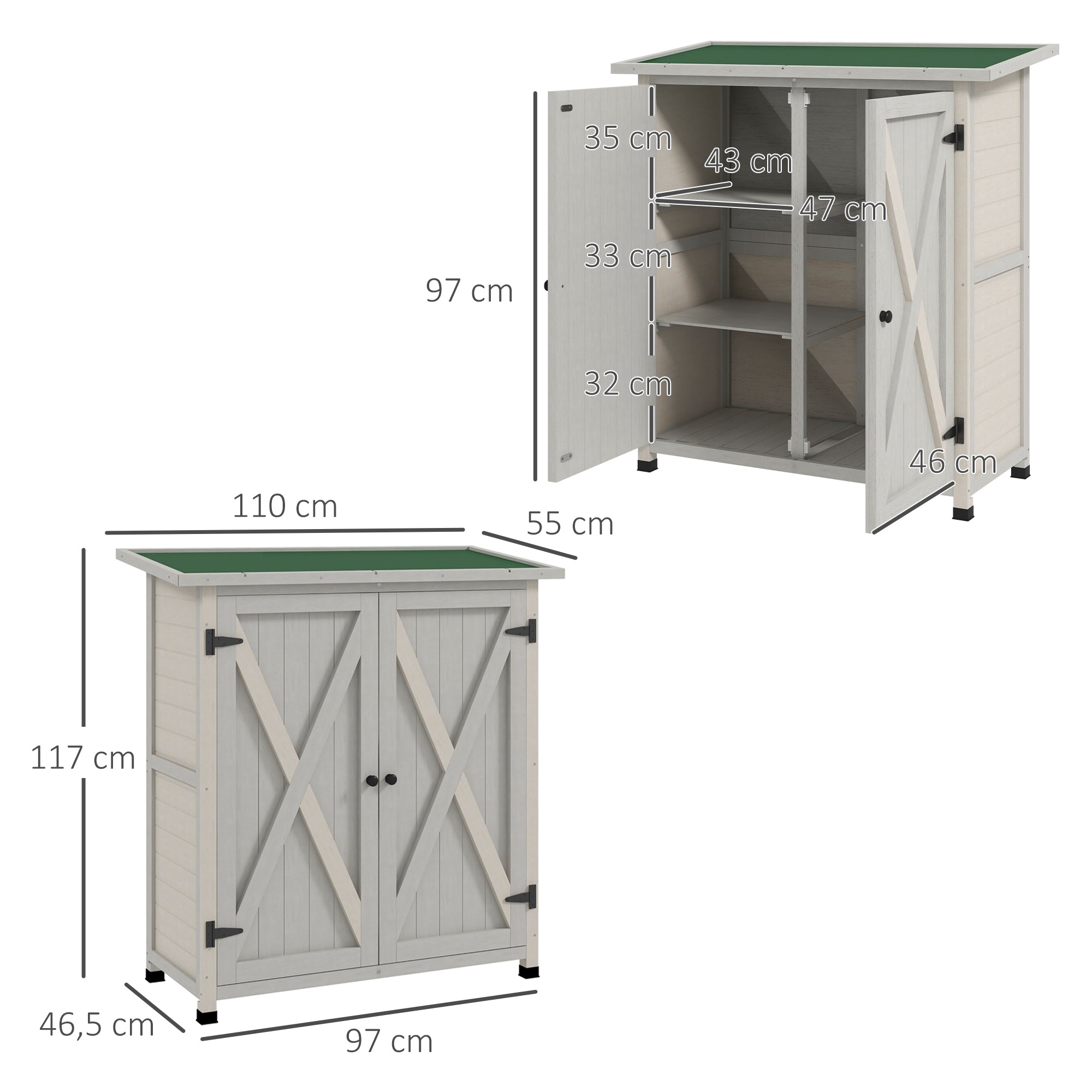 Wooden Garden Cabinet, Weatherproof Tool Shed 110 x 55 x 117 cm, Garden House with Door, Pent Roof, Shelves, Tool Cabinet, Garden Tool Shed for Garden Terrace Light grey