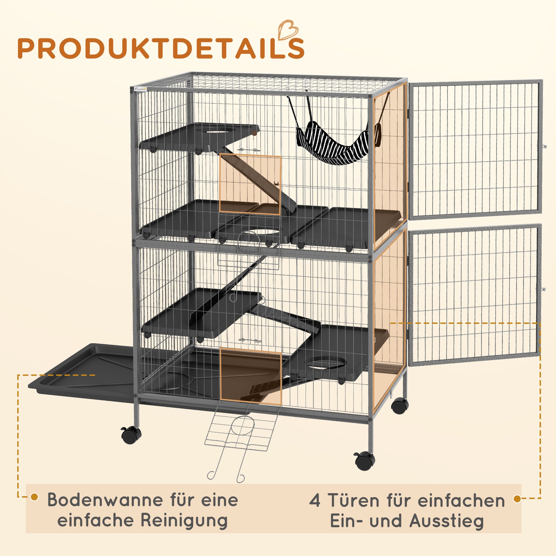 Outdoor Small Animal Cage with Pull-Out Tray, Hammock, Ramps, Wheels Small Pet Cage Enclosure for Small Animals, Squirrels, Chinchillas, 80 x 52 x 128 cm Gray