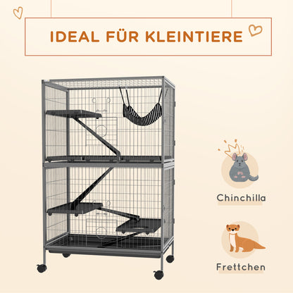 Outdoor Small Animal Cage with Pull-Out Tray, Hammock, Ramps, Wheels Small Pet Cage Enclosure for Small Animals, Squirrels, Chinchillas, 80 x 52 x 128 cm Gray
