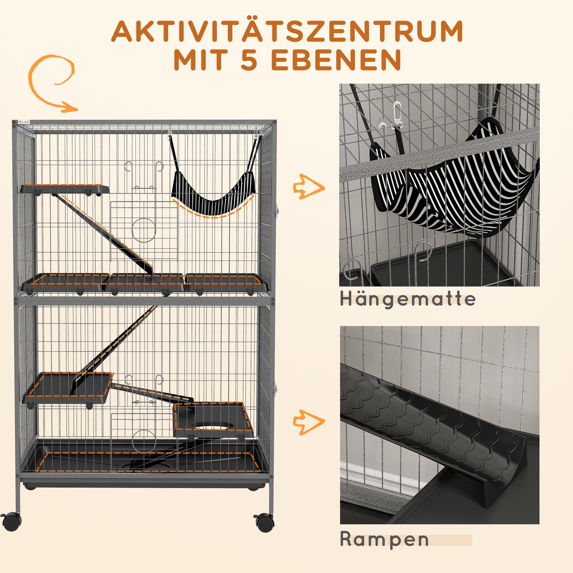 Outdoor Small Animal Cage with Pull-Out Tray, Hammock, Ramps, Wheels Small Pet Cage Enclosure for Small Animals, Squirrels, Chinchillas, 80 x 52 x 128 cm Gray