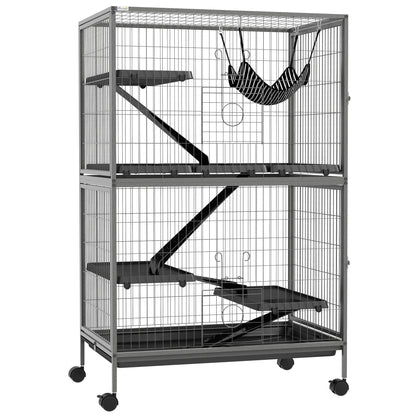 Outdoor Small Animal Cage with Pull-Out Tray, Hammock, Ramps, Wheels Small Pet Cage Enclosure for Small Animals, Squirrels, Chinchillas, 80 x 52 x 128 cm Gray