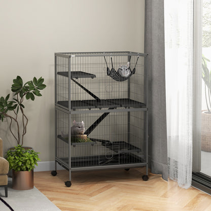 Outdoor Small Animal Cage with Pull-Out Tray, Hammock, Ramps, Wheels Small Pet Cage Enclosure for Small Animals, Squirrels, Chinchillas, 80 x 52 x 128 cm Gray