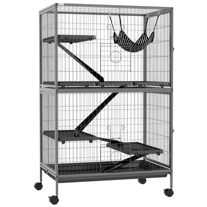 Outdoor Small Animal Cage with Pull-Out Tray, Hammock, Ramps, Wheels Small Pet Cage Enclosure for Small Animals, Squirrels, Chinchillas, 80 x 52 x 128 cm Gray