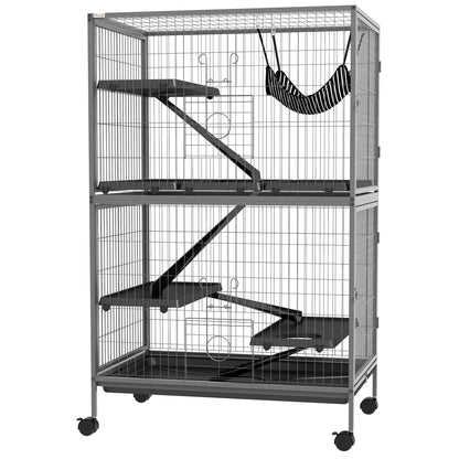 Outdoor Small Animal Cage with Pull-Out Tray, Hammock, Ramps, Wheels Small Pet Cage Enclosure for Small Animals, Squirrels, Chinchillas, 80 x 52 x 128 cm Gray