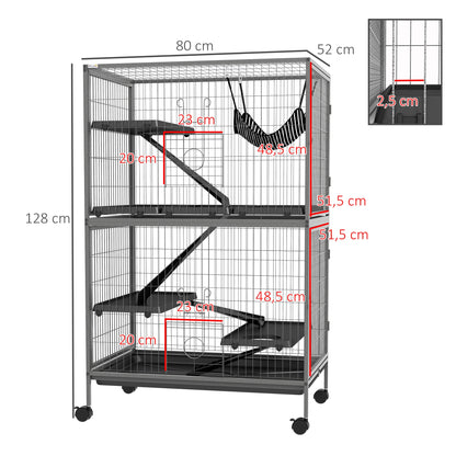 Outdoor Small Animal Cage with Pull-Out Tray, Hammock, Ramps, Wheels Small Pet Cage Enclosure for Small Animals, Squirrels, Chinchillas, 80 x 52 x 128 cm Gray