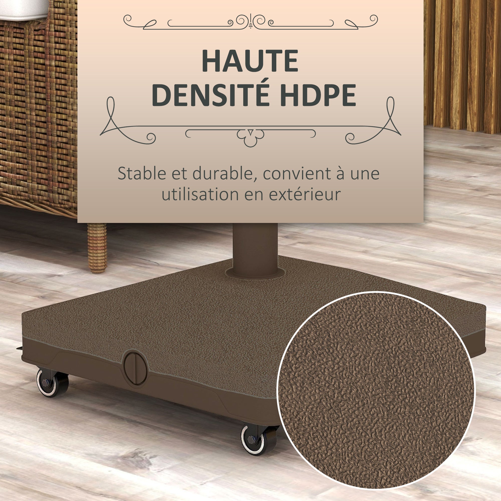 Square Parasol Base Weight Stand with 4 Wheels 45L x 45W x 39H cm HDPE Brown