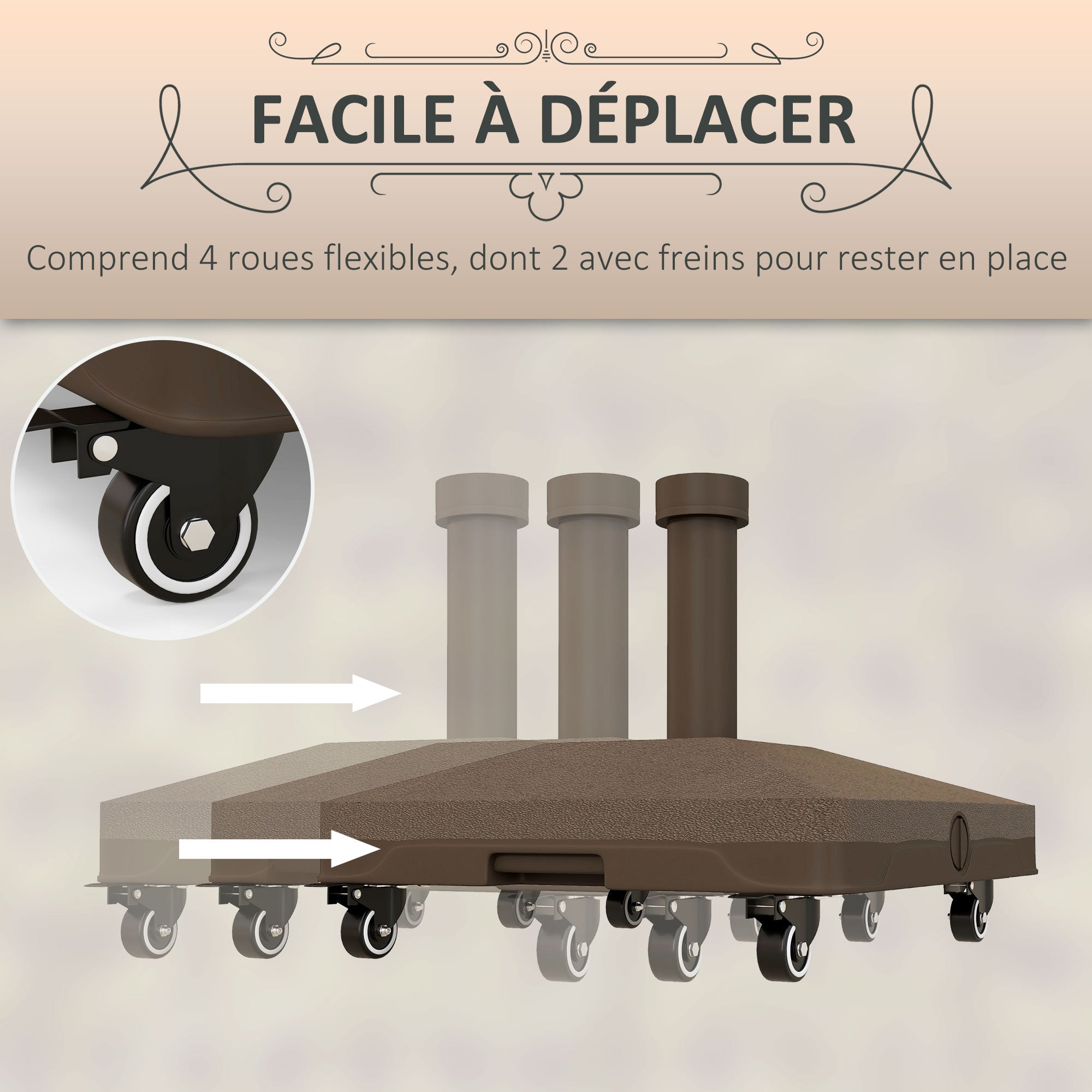Square Parasol Base Weight Stand with 4 Wheels 45L x 45W x 39H cm HDPE Brown