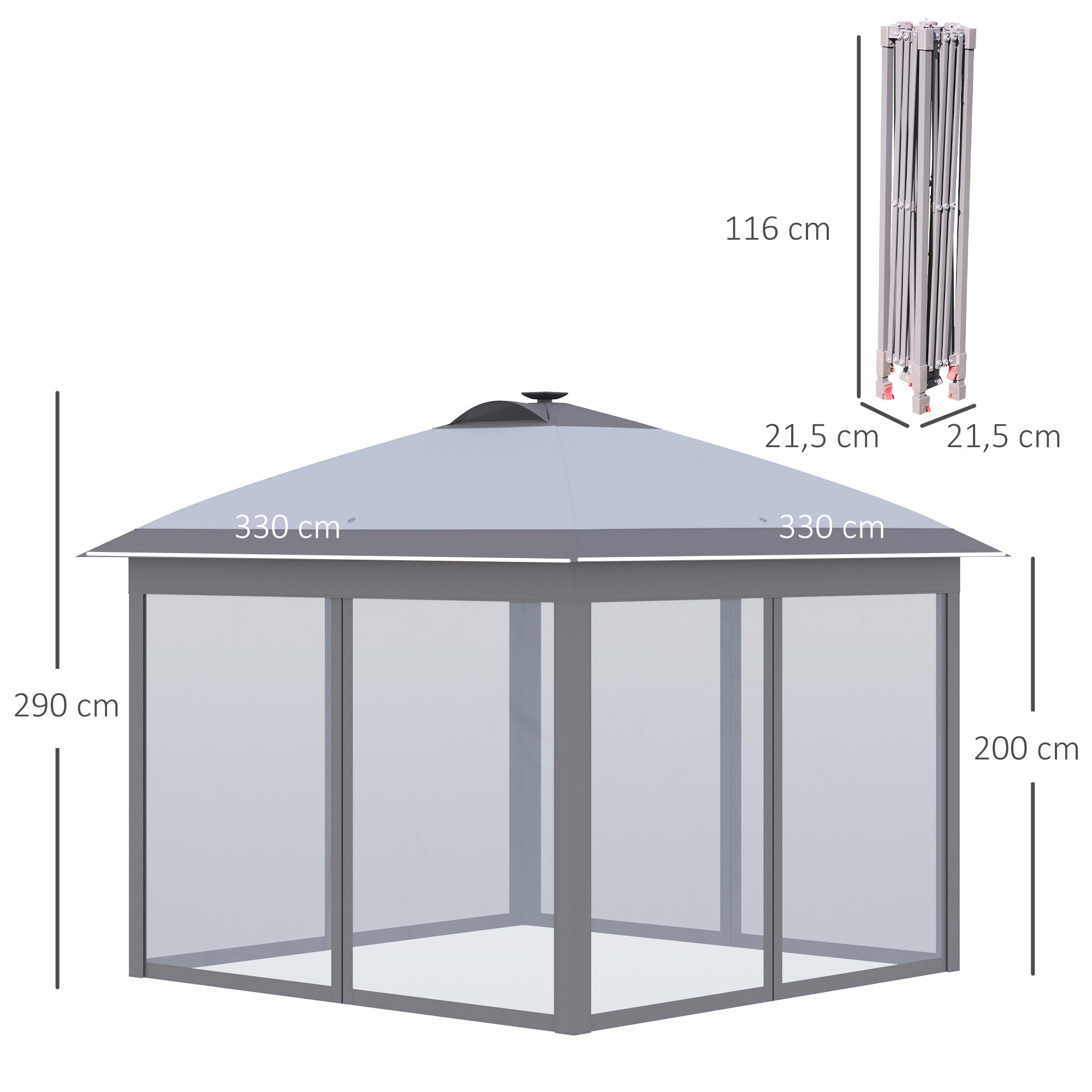 Pavilion 3.3 x 3.3 m Folding Pavilion with LED, USB Charging Port Pop-Up Pavilion with Mesh Side Walls Garden Pavilion with Sun Protection incl. Bag Oxford Gray