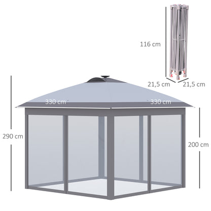 Pavilion 3.3 x 3.3 m Folding Pavilion with LED, USB Charging Port Pop-Up Pavilion with Mesh Side Walls Garden Pavilion with Sun Protection incl. Bag Oxford Gray