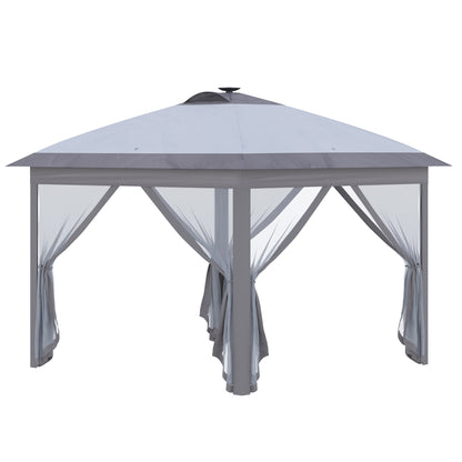 Pavilion 3.3 x 3.3 m Folding Pavilion with LED, USB Charging Port Pop-Up Pavilion with Mesh Side Walls Garden Pavilion with Sun Protection incl. Bag Oxford Gray