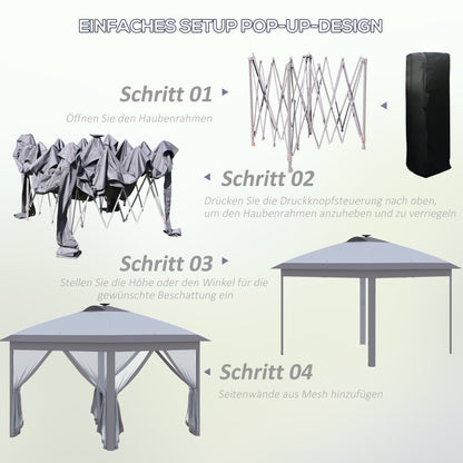 Pavilion 3.3 x 3.3 m Folding Pavilion with LED, USB Charging Port Pop-Up Pavilion with Mesh Side Walls Garden Pavilion with Sun Protection incl. Bag Oxford Gray