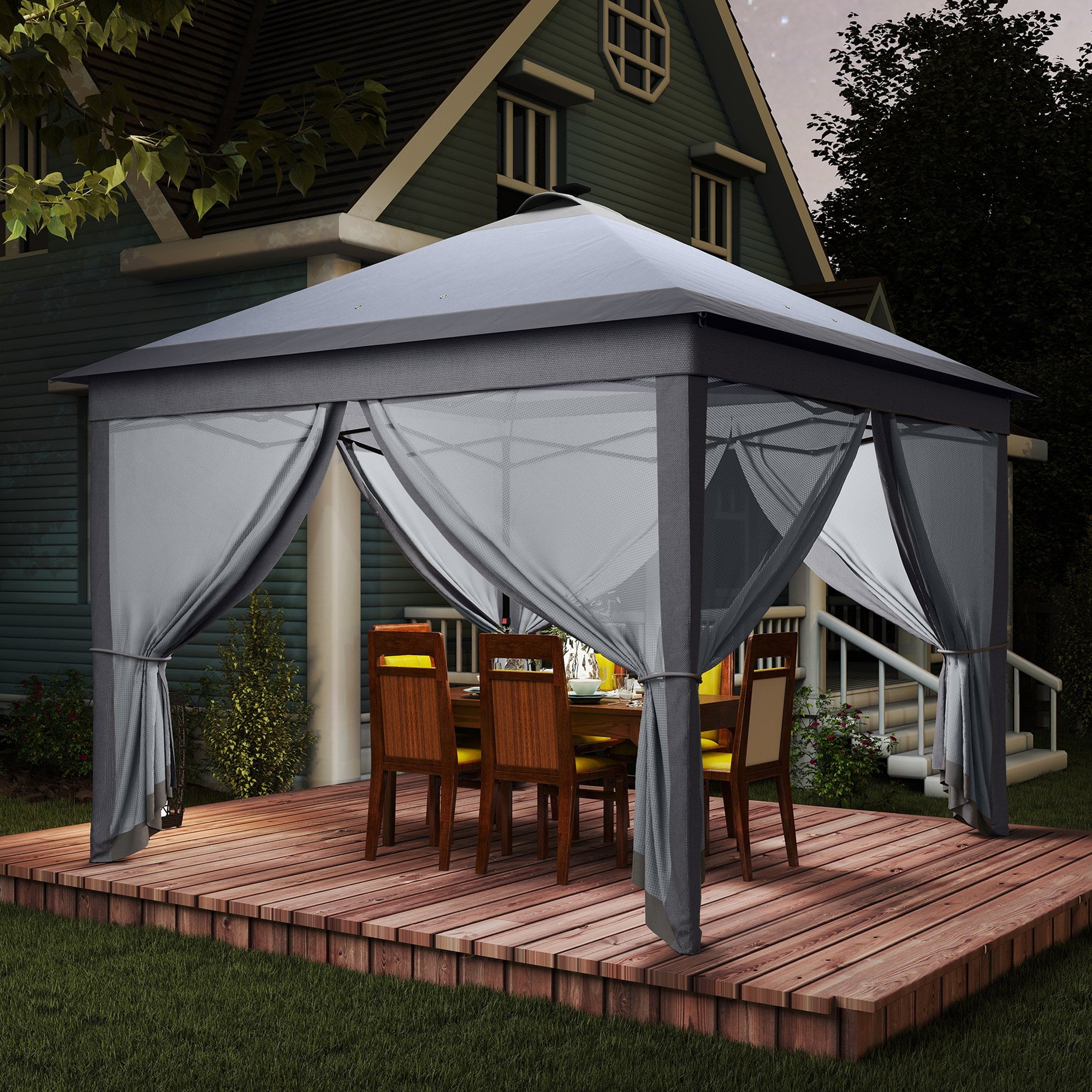 Pavilion 3.3 x 3.3 m Folding Pavilion with LED, USB Charging Port Pop-Up Pavilion with Mesh Side Walls Garden Pavilion with Sun Protection incl. Bag Oxford Gray