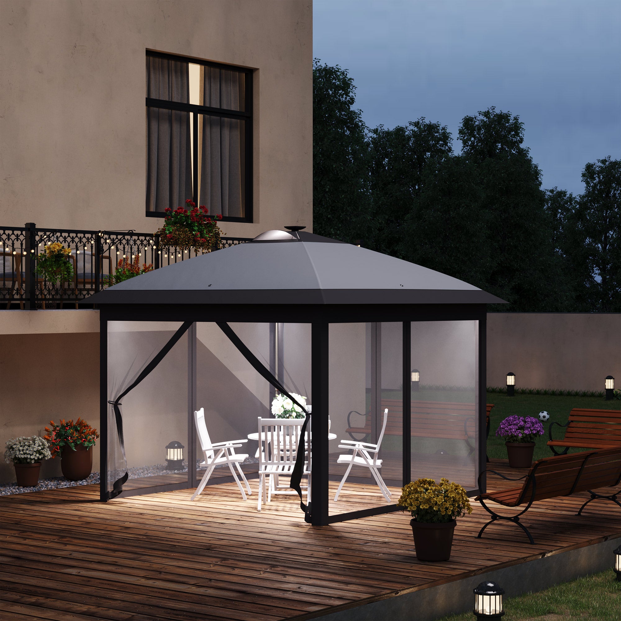 Pavilion 3.3 x 3.3 m Folding Pavilion with LED, USB Charging Port Pop-Up Pavilion with Mesh Side Walls Garden Pavilion with Sun Protection incl. Bag Oxford Gray