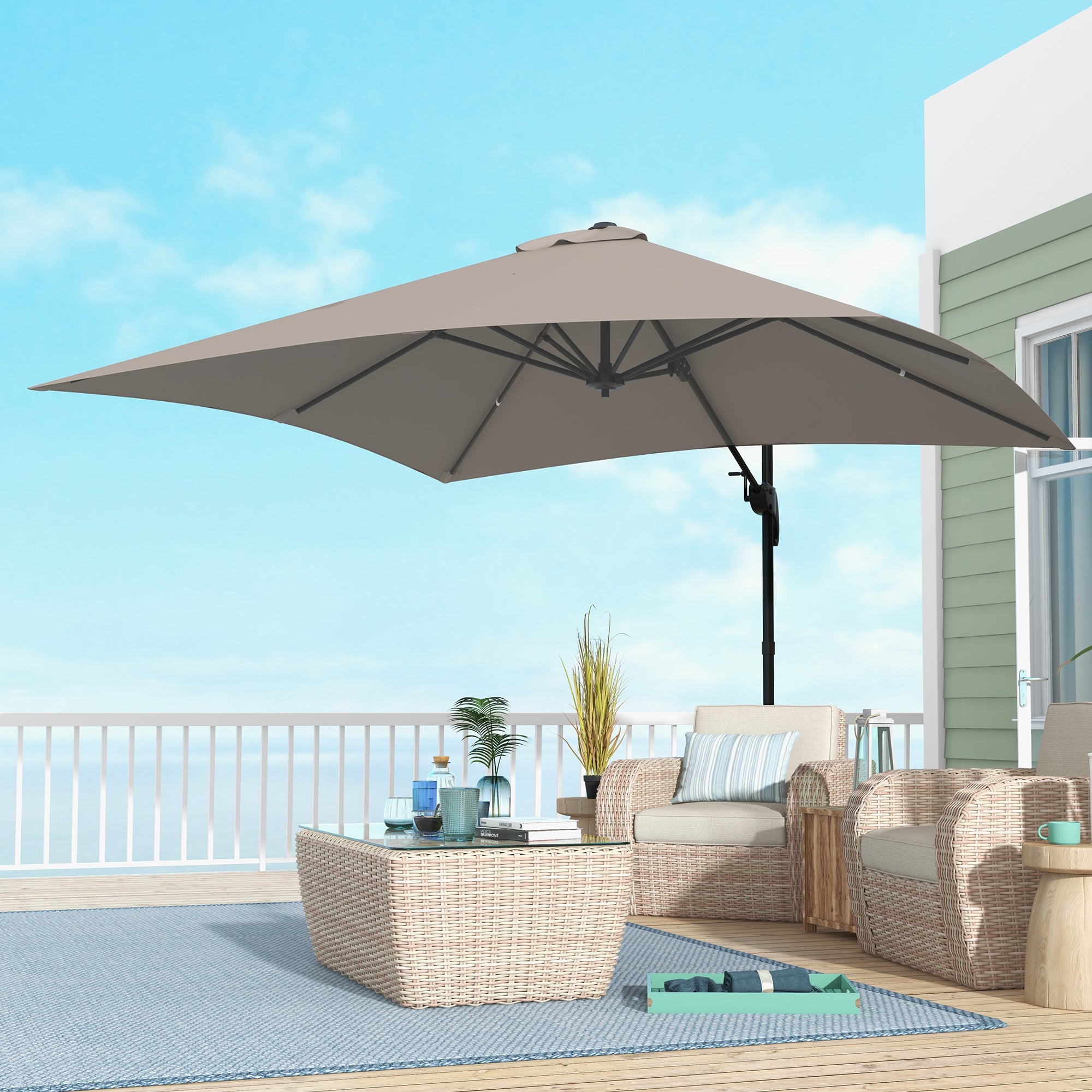 Square Offset Umbrella Tilt 360° Swivel Crank Base - aluminum dimensions 3L x 3W x 2.6H m beige