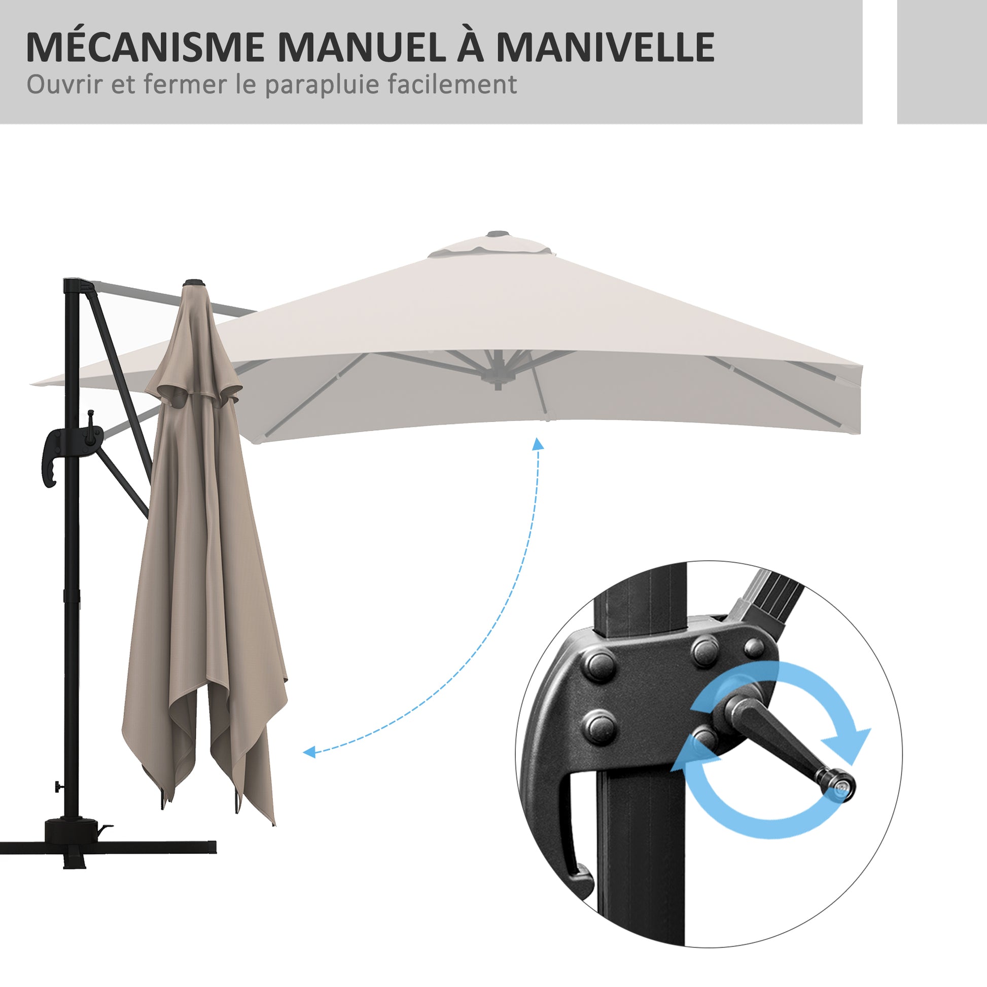 Square Offset Umbrella Tilt 360° Swivel Crank Base - aluminum dimensions 3L x 3W x 2.6H m beige