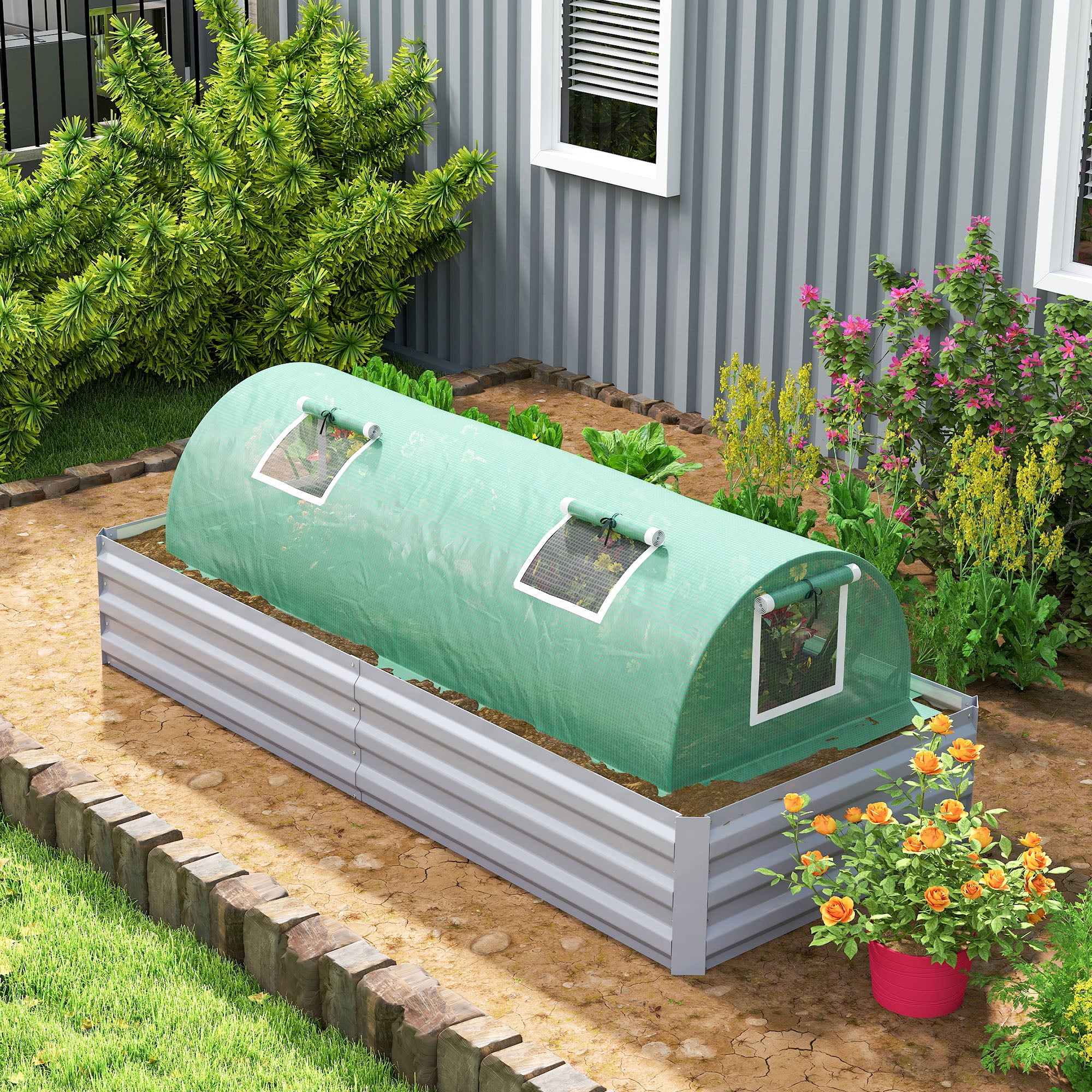 Greenhouse with Roll-Up Window Dome, Winterproof Steel Frame Greenhouse Water-Resistant Garden Greenhouse for Balcony Tomato House with UV Protection 200x80x45cm Tomato Greenhouse for Vegetables, Green