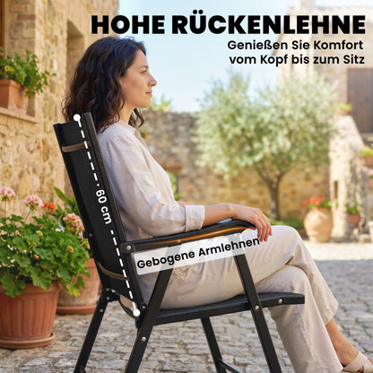 2-Pack Folding Garden Chairs, Foldable with High Back & Armrests for Garden, Balcony, Terrace — Steel Frame, Black Texteline, 22.8" x 24.4" x 38.2" (58 x 62 x 97 cm)