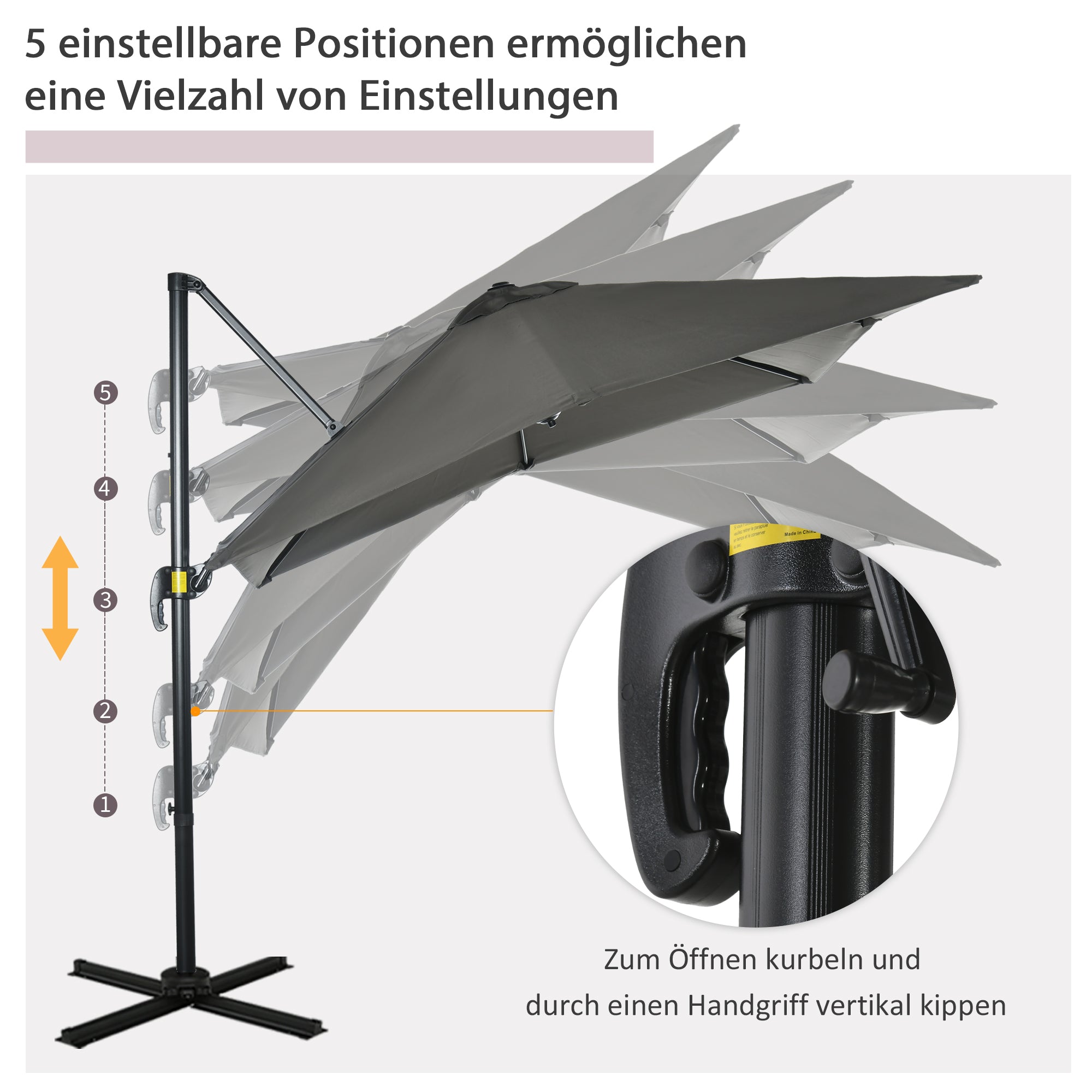 Sun Umbrella 245 x 245 cm Garden Umbrella Cantilever Umbrella with Crank Mechanism Rotatable Crank Umbrella Adjustable Roma Umbrella Gray