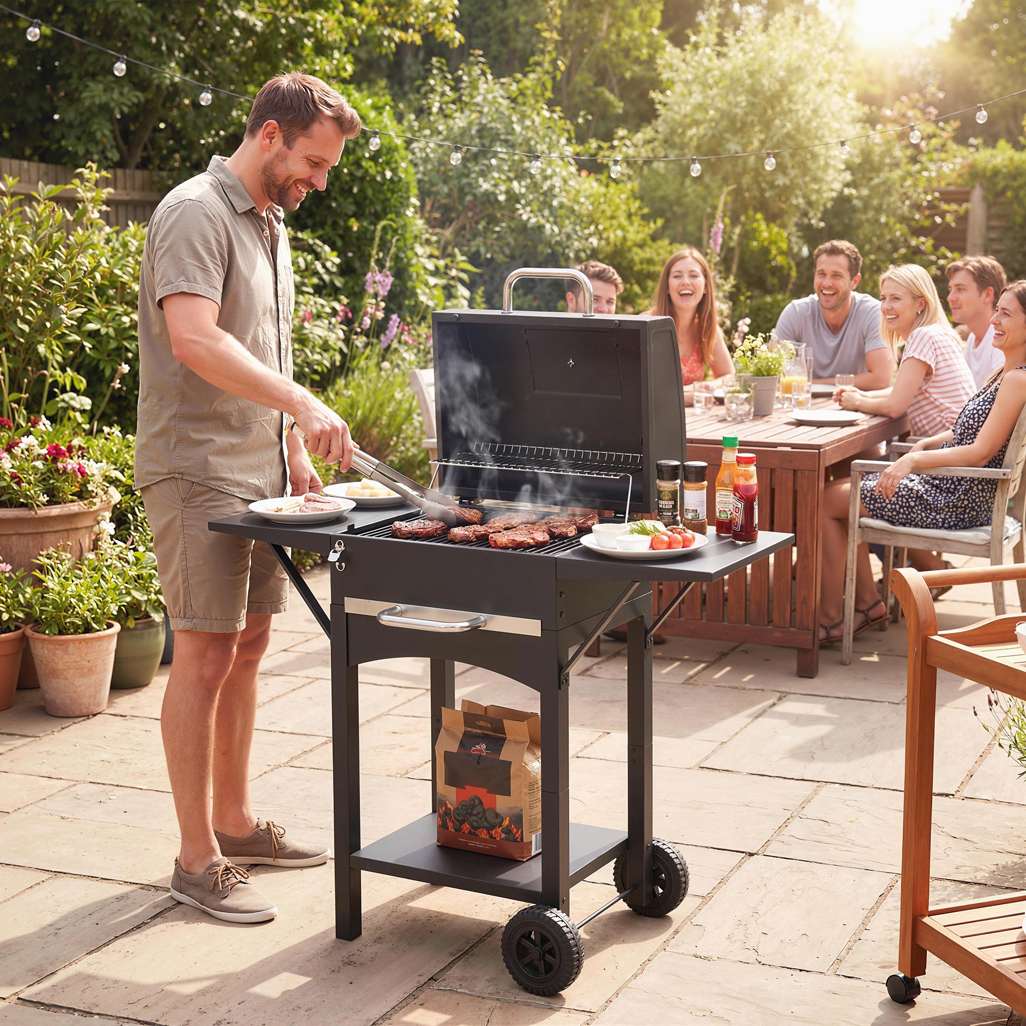Charcoal Grill with Lid — BBQ Smoker Cart with 2 Side Tables, Large Cooking Area, Thermometer & Wheels, 43.3 x 18.3 x 39.8 in (Black)