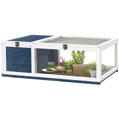 Tortoise House with Modular Space - 2-Zone Habitat, Hinged Roof & Sliding Tray - Indoor/Outdoor Wooden Enclosure for Reptiles, 35.8 x 23.8 x 12.6 in (91 x 60.5 x 32 cm) - Blue