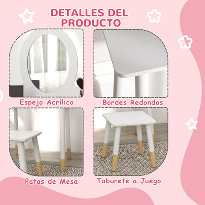 Girls Dressing Table with Stool Children's Makeup Dresser for Girls 3+ Years with Safety Mirror Simple White Design