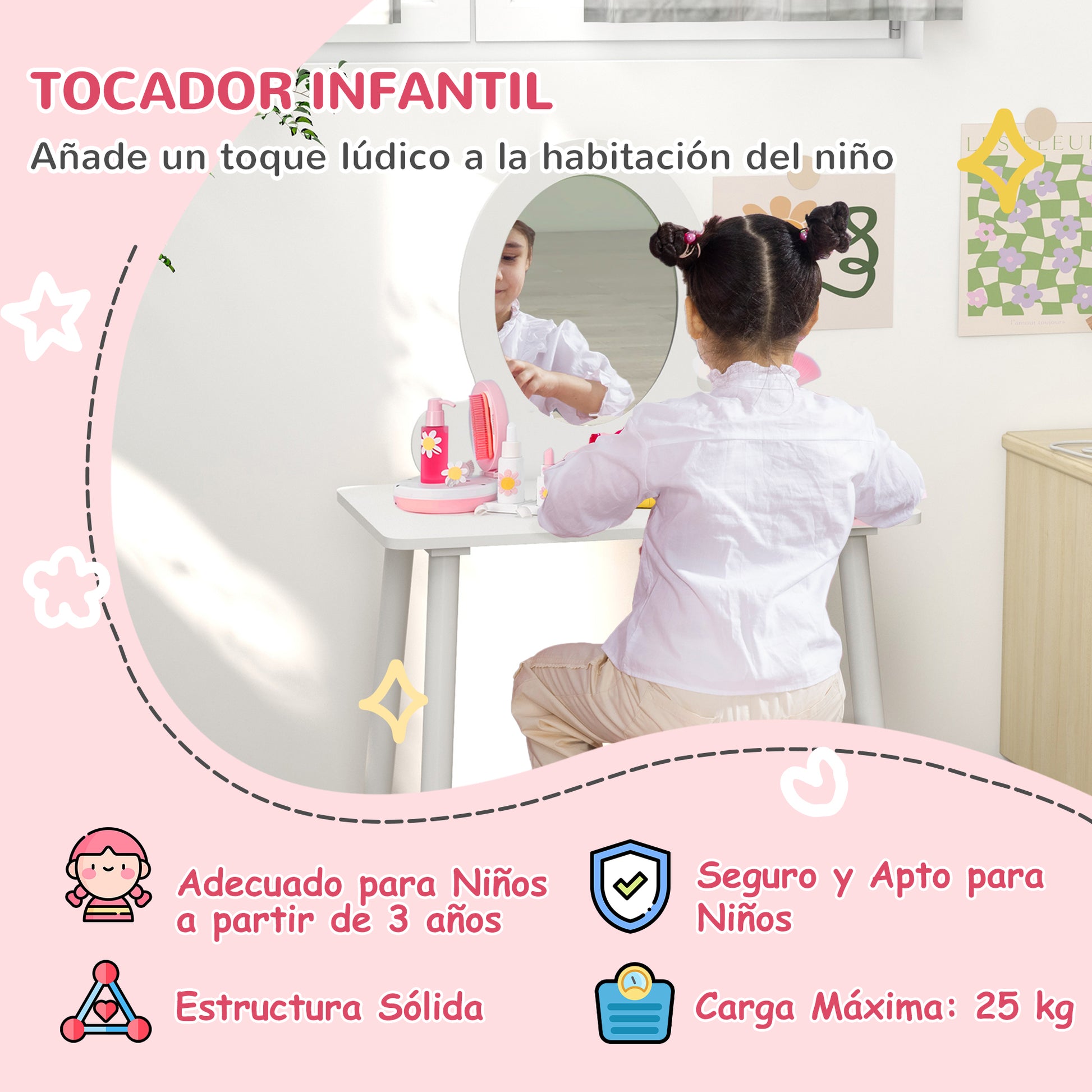 Girls Dressing Table with Stool Children's Makeup Dresser for Girls 3+ Years with Safety Mirror Simple White Design