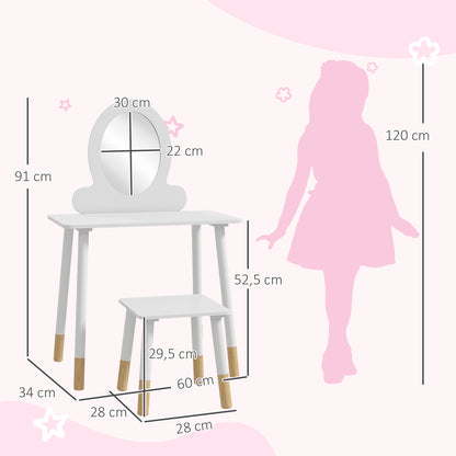 Girls Dressing Table with Stool Children's Makeup Dresser for Girls 3+ Years with Safety Mirror Simple White Design