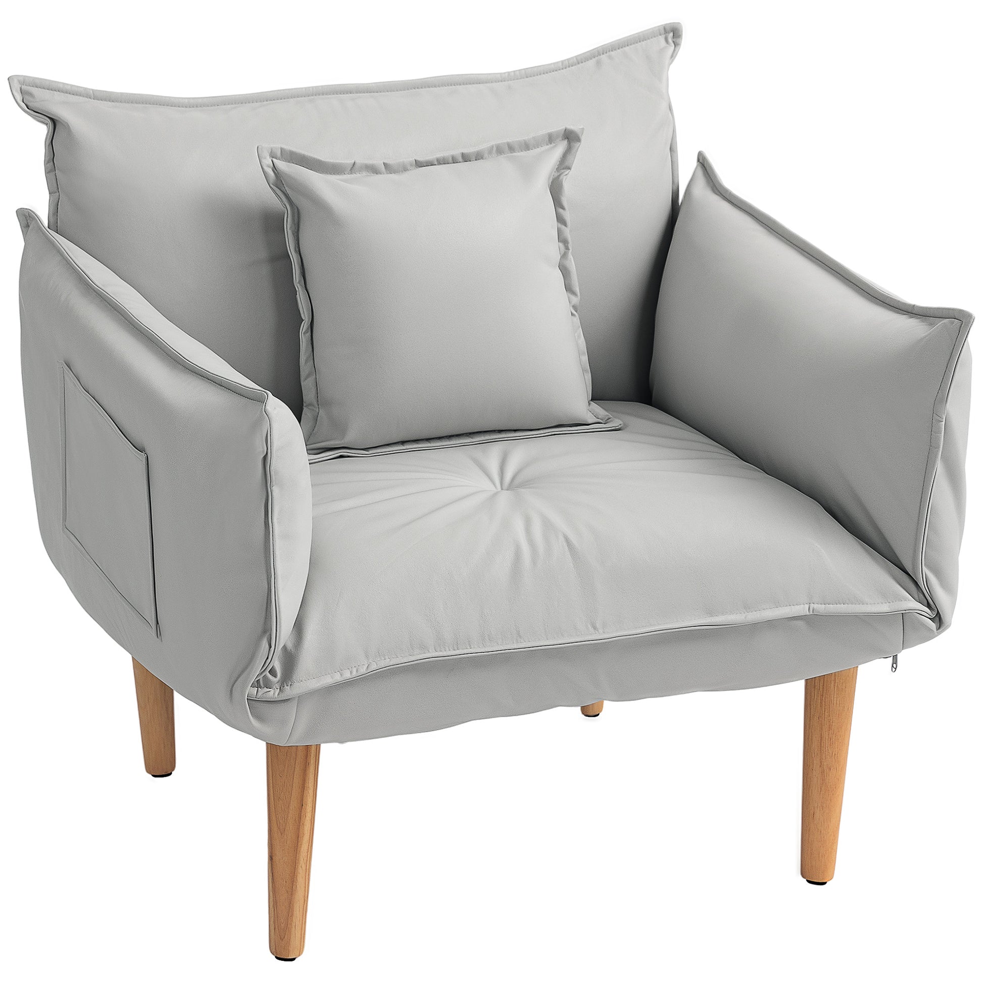 2-in-1 Chair, Lounge Chair with Cushion, Floor Chair with Adjustable Backrest, Upholstered Armchair with Wooden Legs, Single Chair for Living Room, Microfiber Cloth, Light Gray