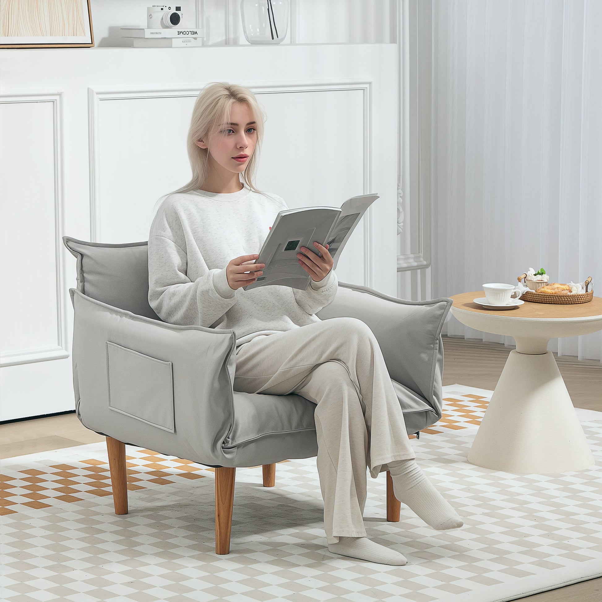 2-in-1 Chair, Lounge Chair with Cushion, Floor Chair with Adjustable Backrest, Upholstered Armchair with Wooden Legs, Single Chair for Living Room, Microfiber Cloth, Light Gray