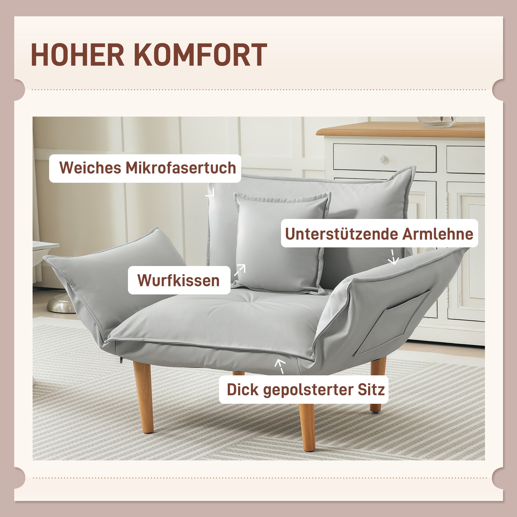 2-in-1 Chair, Lounge Chair with Cushion, Floor Chair with Adjustable Backrest, Upholstered Armchair with Wooden Legs, Single Chair for Living Room, Microfiber Cloth, Light Gray