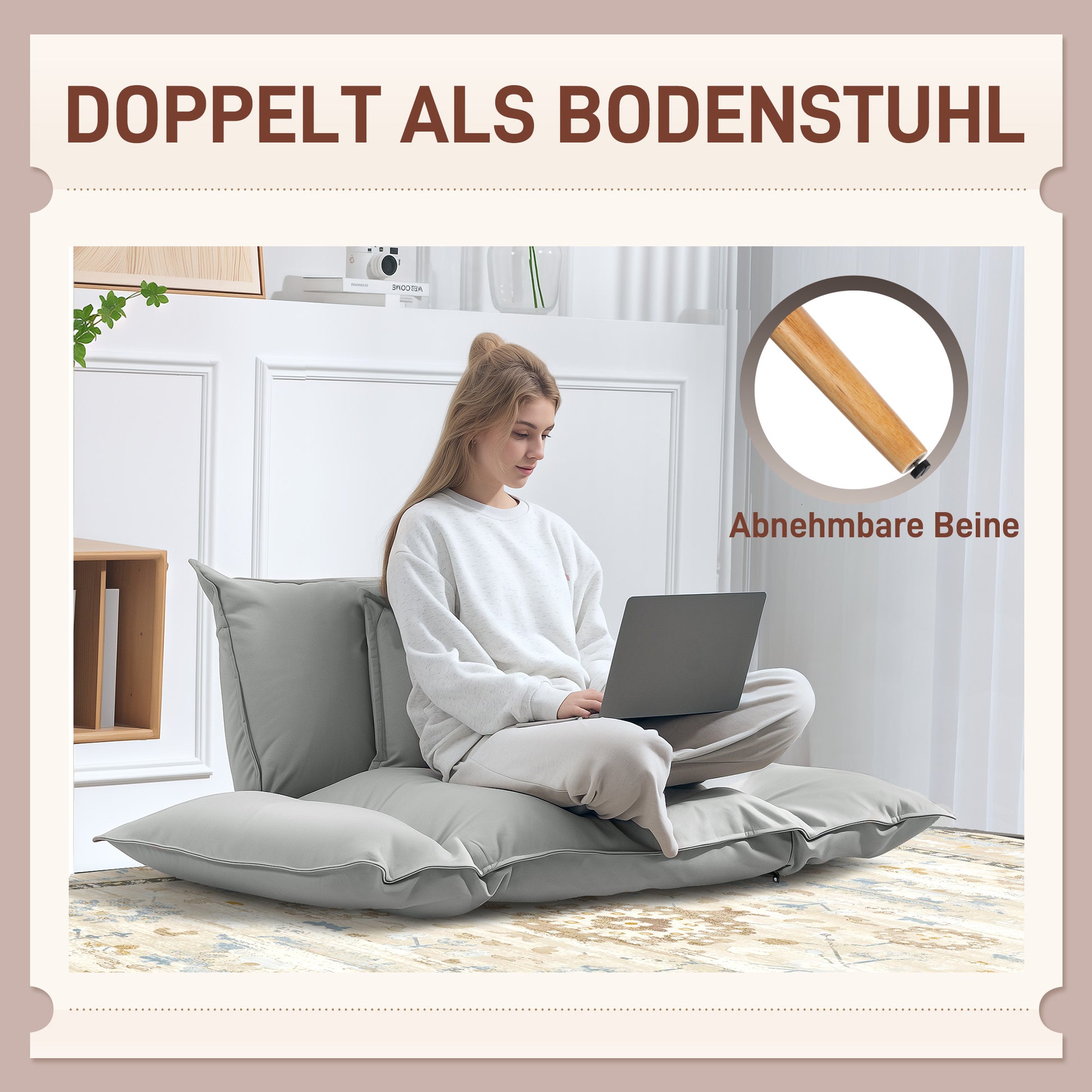 2-in-1 Chair, Lounge Chair with Cushion, Floor Chair with Adjustable Backrest, Upholstered Armchair with Wooden Legs, Single Chair for Living Room, Microfiber Cloth, Light Gray