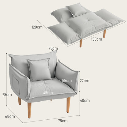 2-in-1 Chair, Lounge Chair with Cushion, Floor Chair with Adjustable Backrest, Upholstered Armchair with Wooden Legs, Single Chair for Living Room, Microfiber Cloth, Light Gray