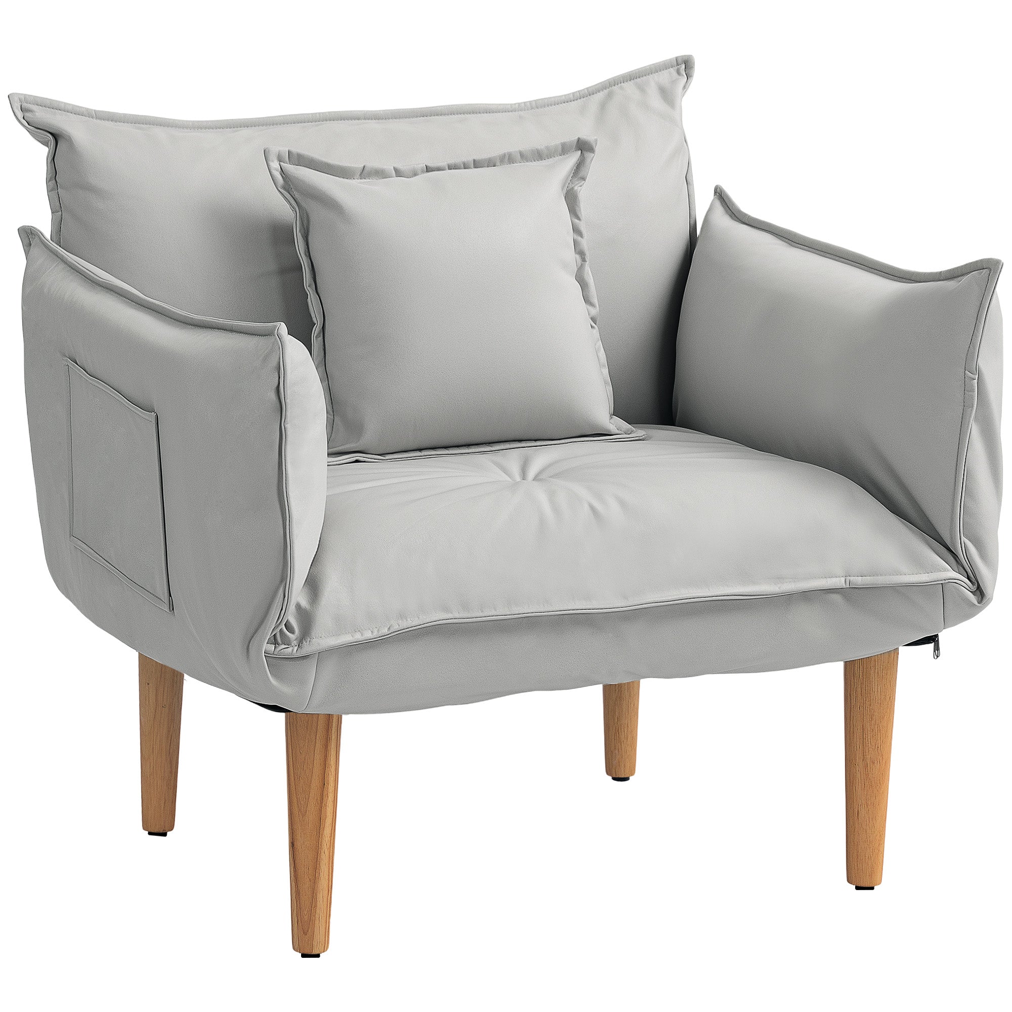 2-in-1 Chair, Lounge Chair with Cushion, Floor Chair with Adjustable Backrest, Upholstered Armchair with Wooden Legs, Single Chair for Living Room, Microfiber Cloth, Light Gray
