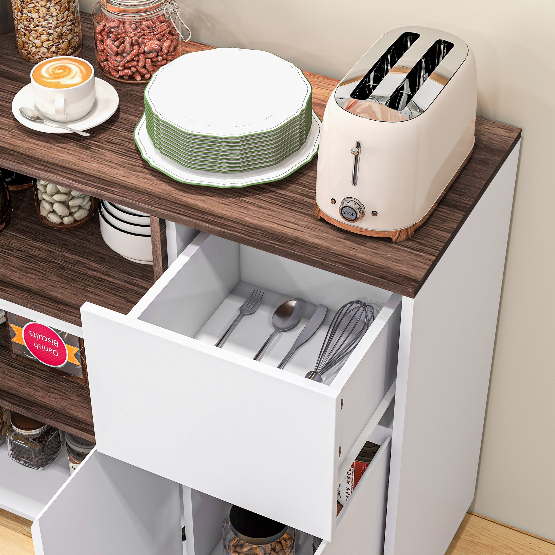 Modern Wooden Kitchen Sideboard with Cabinets, Drawer, and Open Compartment, Multi-Purpose Mobile Unit for Kitchen and Living Room, 105x39x83cm, White