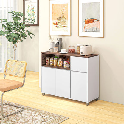 Modern Wooden Kitchen Sideboard with Cabinets, Drawer, and Open Compartment, Multi-Purpose Mobile Unit for Kitchen and Living Room, 105x39x83cm, White