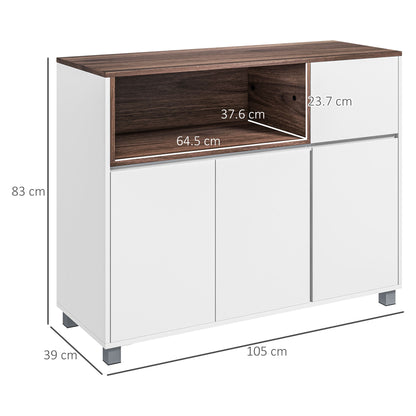Modern Wooden Kitchen Sideboard with Cabinets, Drawer, and Open Compartment, Multi-Purpose Mobile Unit for Kitchen and Living Room, 105x39x83cm, White