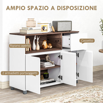 Modern Wooden Kitchen Sideboard with Cabinets, Drawer, and Open Compartment, Multi-Purpose Mobile Unit for Kitchen and Living Room, 105x39x83cm, White