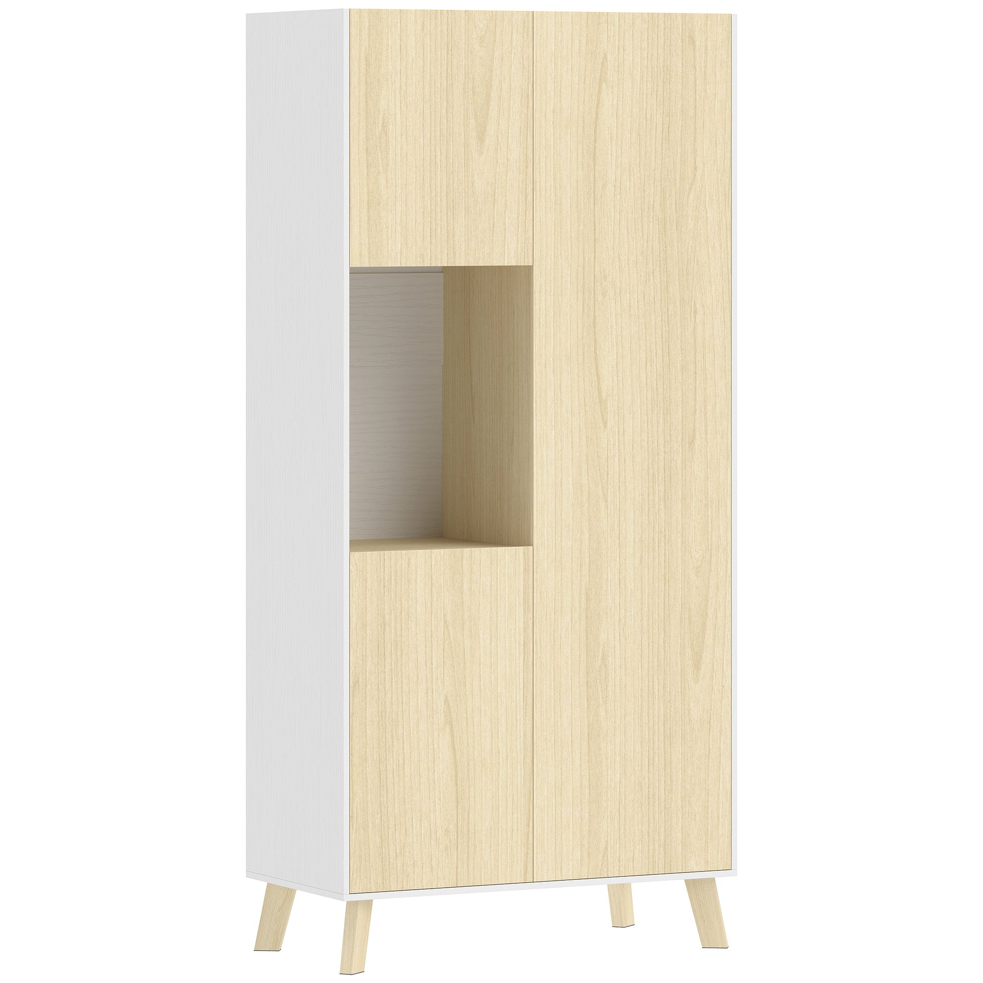 Tall Pantry Cabinet with Open Compartment, 3 Doors, Adjustable Shelves — Modern Kitchen Storage, Natural/White, 31.5 x 15.7 x 66.9 in