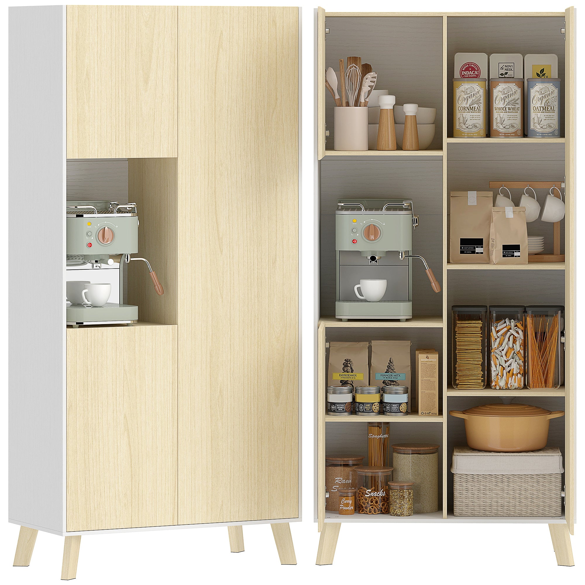 Tall Pantry Cabinet with Open Compartment, 3 Doors, Adjustable Shelves — Modern Kitchen Storage, Natural/White, 31.5 x 15.7 x 66.9 in