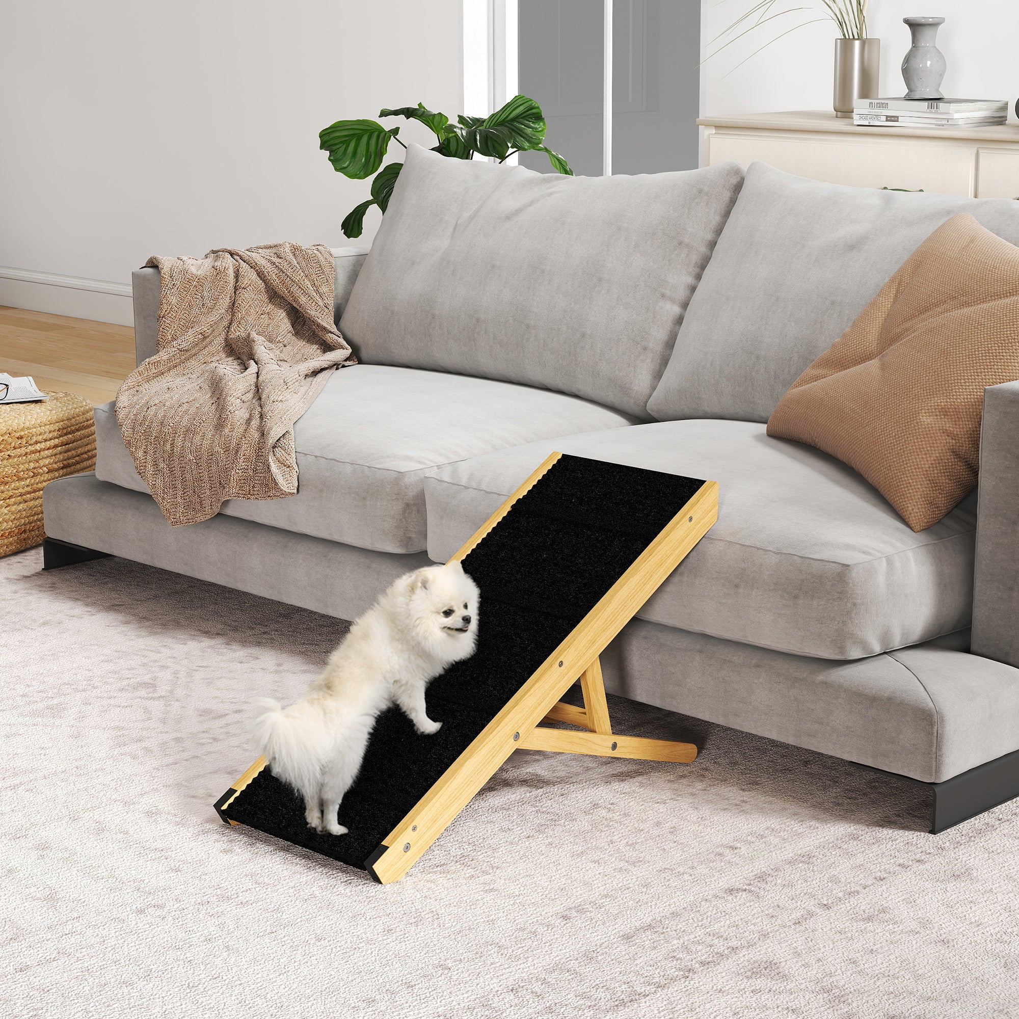 Foldable Dog Ramp, Height Adjustable Pet Ramp, Non-Slip Dog Entry Aid for Small and Medium Dogs up to 15 kg, 83.5 x 35 x 47.5 cm, Natural