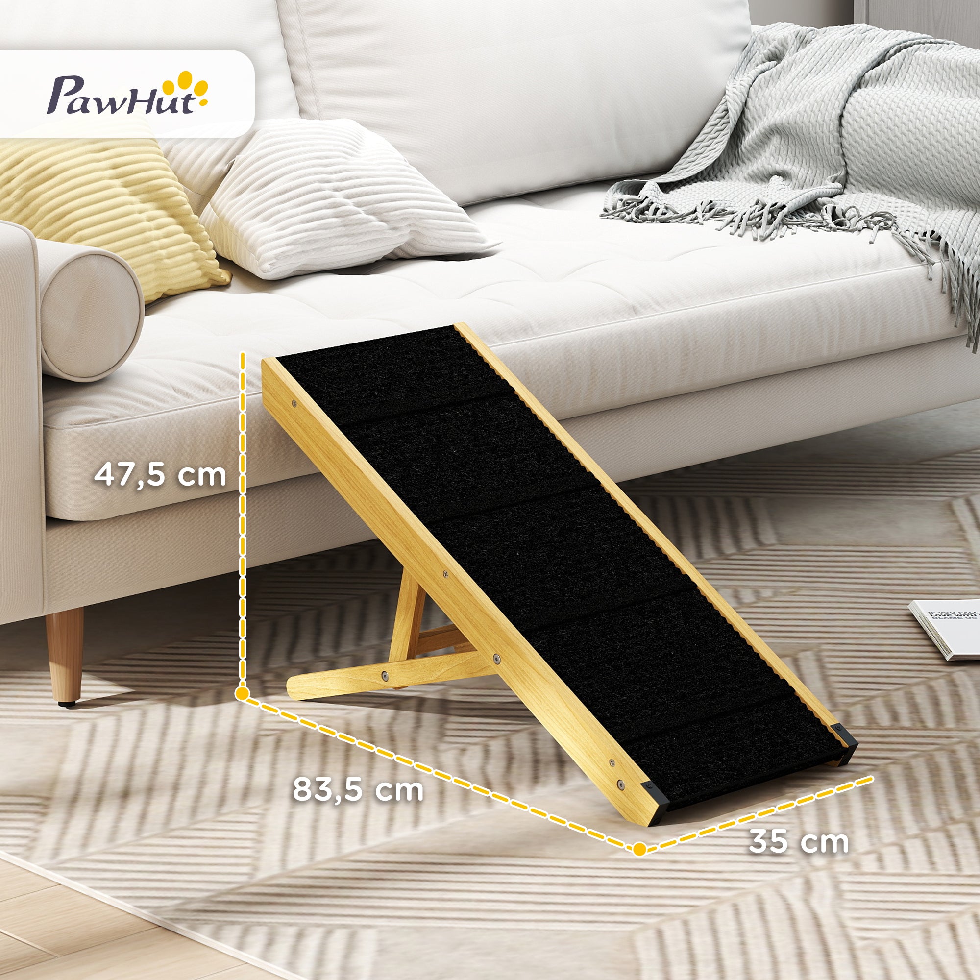 Foldable Dog Ramp, Height Adjustable Pet Ramp, Non-Slip Dog Entry Aid for Small and Medium Dogs up to 15 kg, 83.5 x 35 x 47.5 cm, Natural