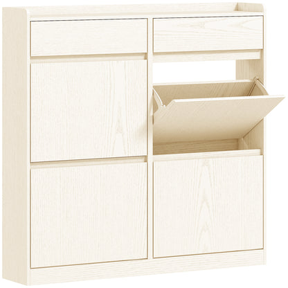 Narrow Shoe Cabinet with 4 Flip Doors Entryway Shoe Storage Cabinet with 2 Drawers for 8 Pairs of Shoes for Hallway Small Spaces 98x19.2x95.3 cm White